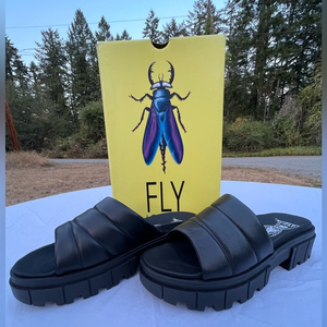 NIB FLY LONDON Dublin Chunky Heel Black Slip On Sandal‎ Size 40 9.5